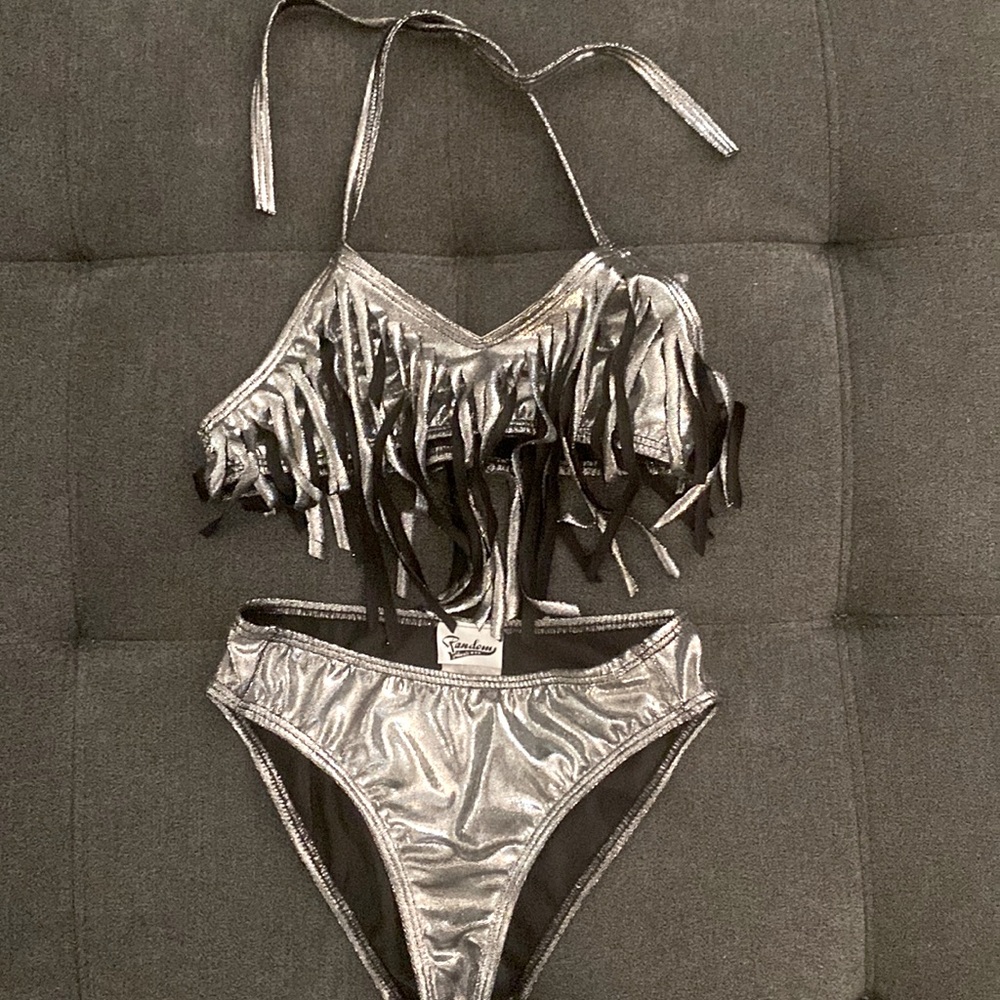Silver Lamé Fringe Bikini by RANDOM HEARTS - sz 10
